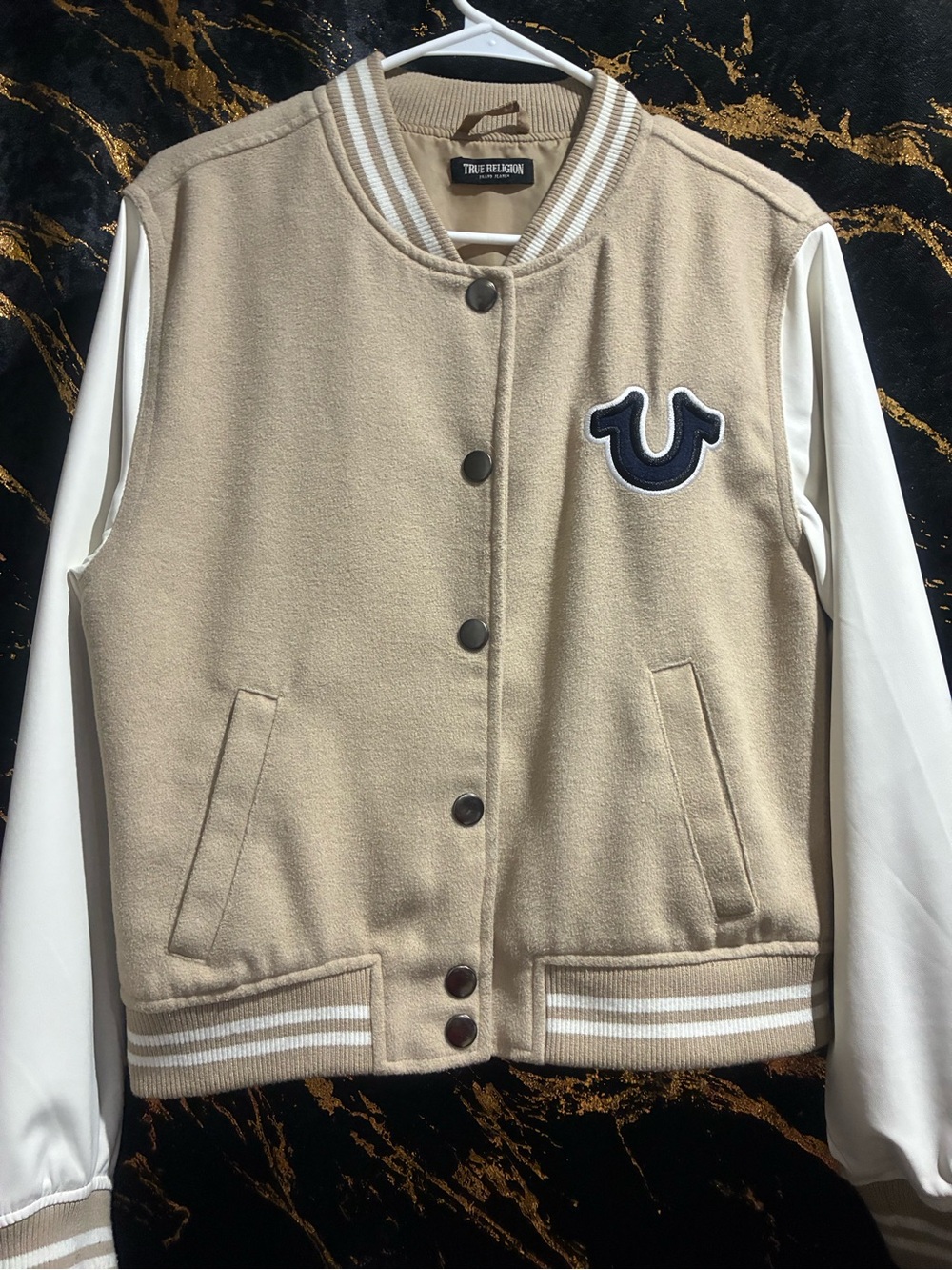 True Religion Beige and White Kids Varsity Jacket with Navy Patch